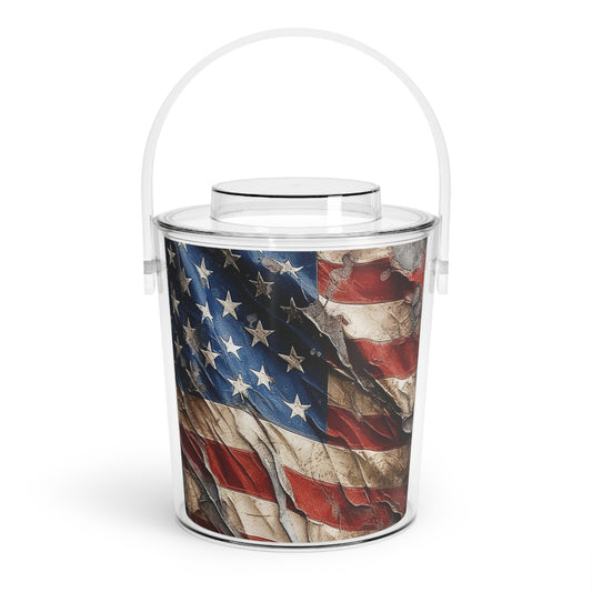 Distressed American Flag Ice Bucket with Tongs