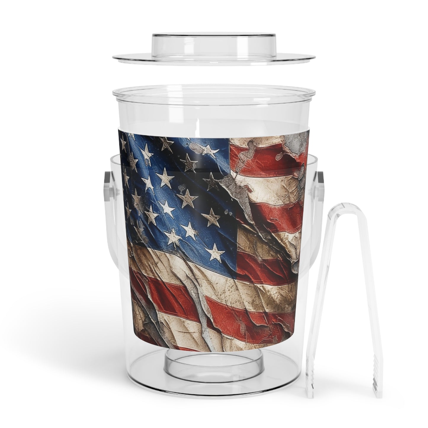 Distressed American Flag Ice Bucket with Tongs