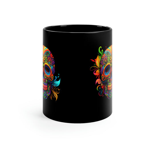 Neon Sugar Skull 11oz Black Mug