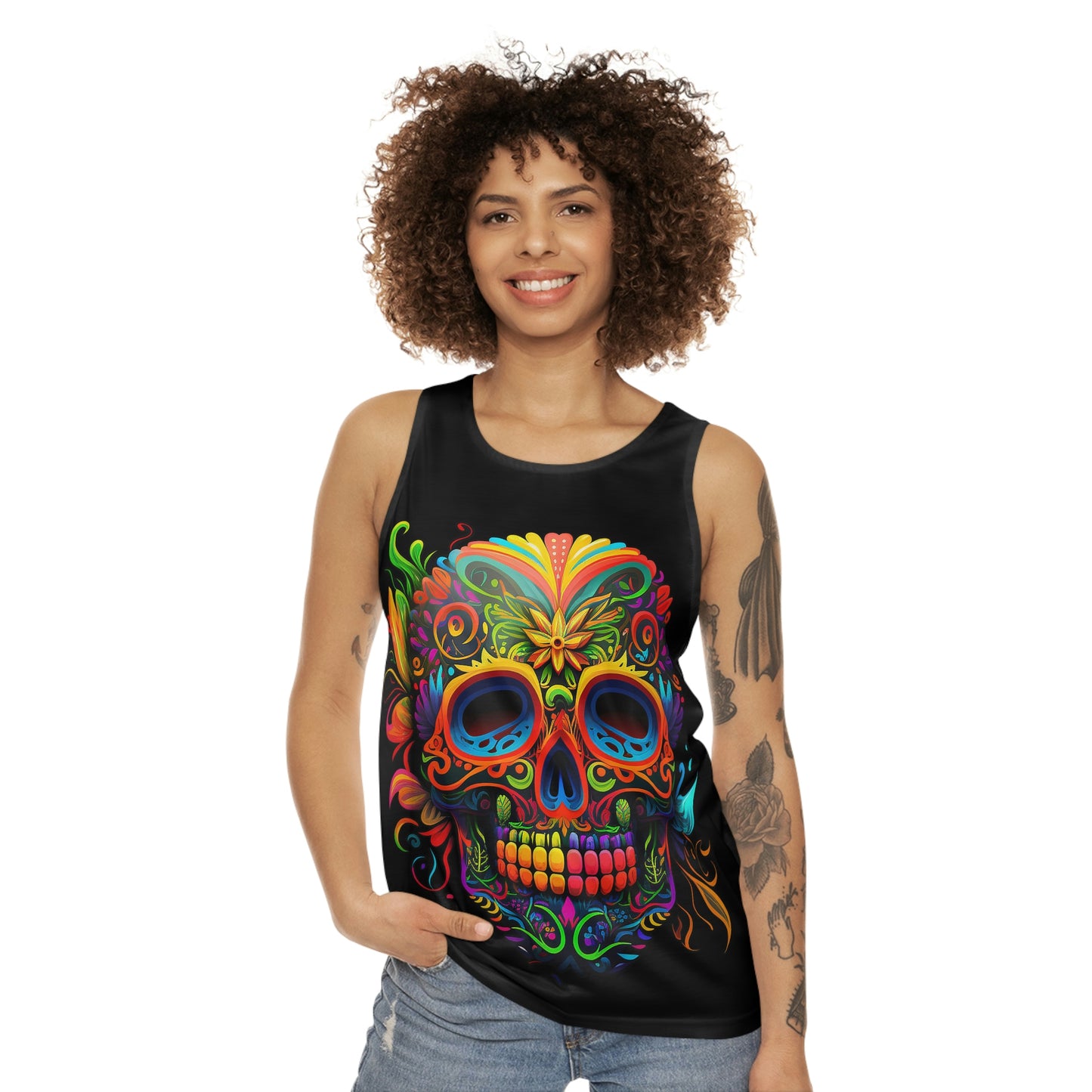 Neon Sugar Skull "Memento Mori" Unisex Tank Top (AOP)