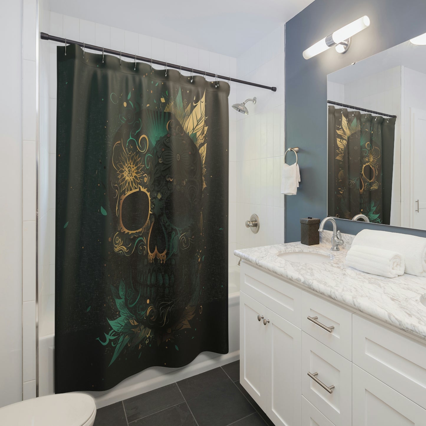 Green and Gold Skull Shower Curtains