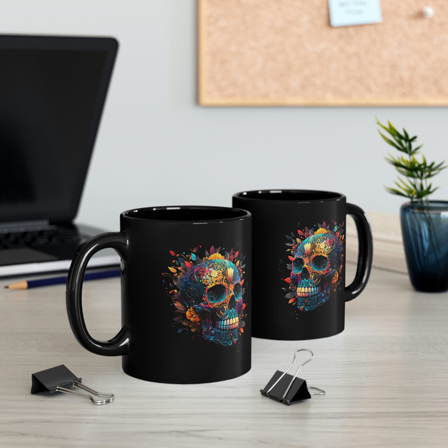 Blue Sugar Skull 11oz Black Mug