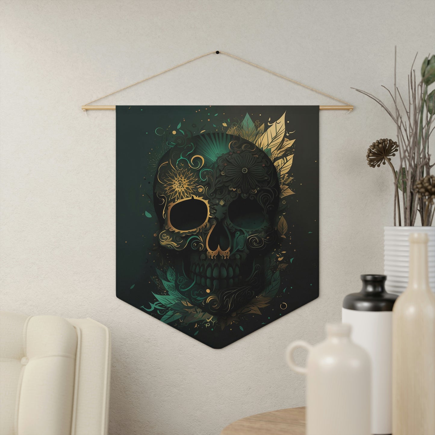 Green and Gold Skull Pennant