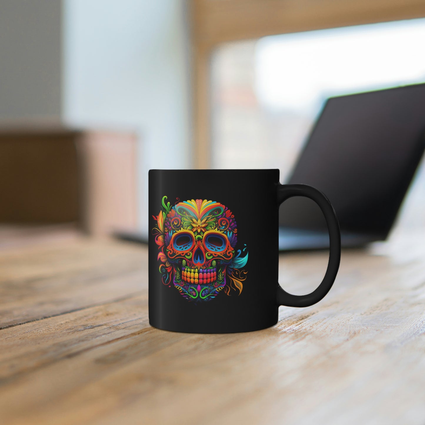Neon Sugar Skull 11oz Black Mug