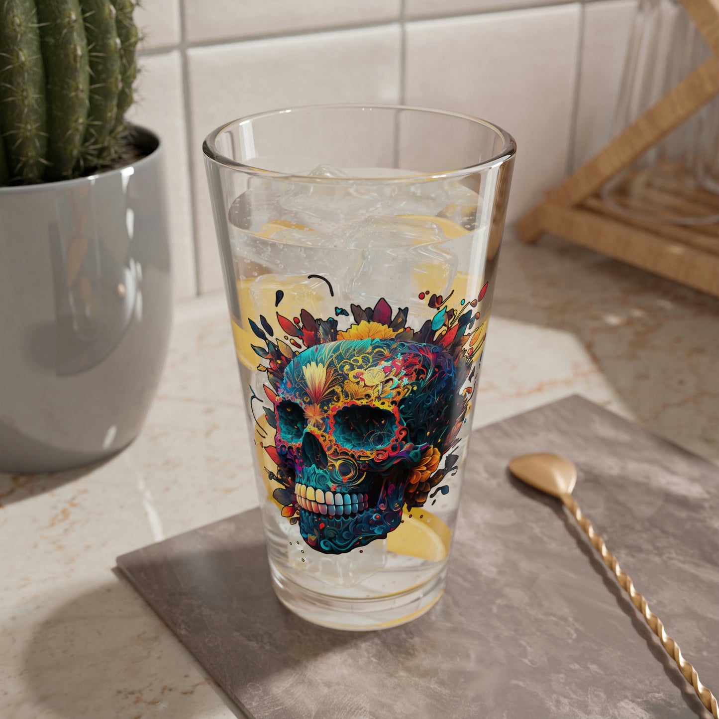 Blue Sugar Skull Mixing Glass, 16oz