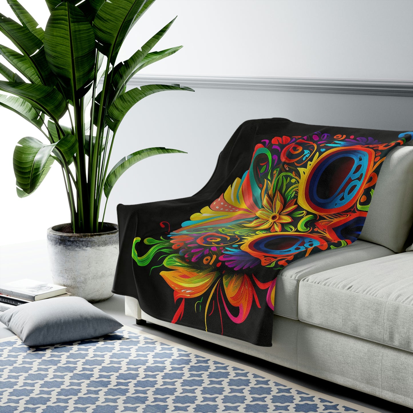 Neon Sugar Skull Velveteen Plush Blanket