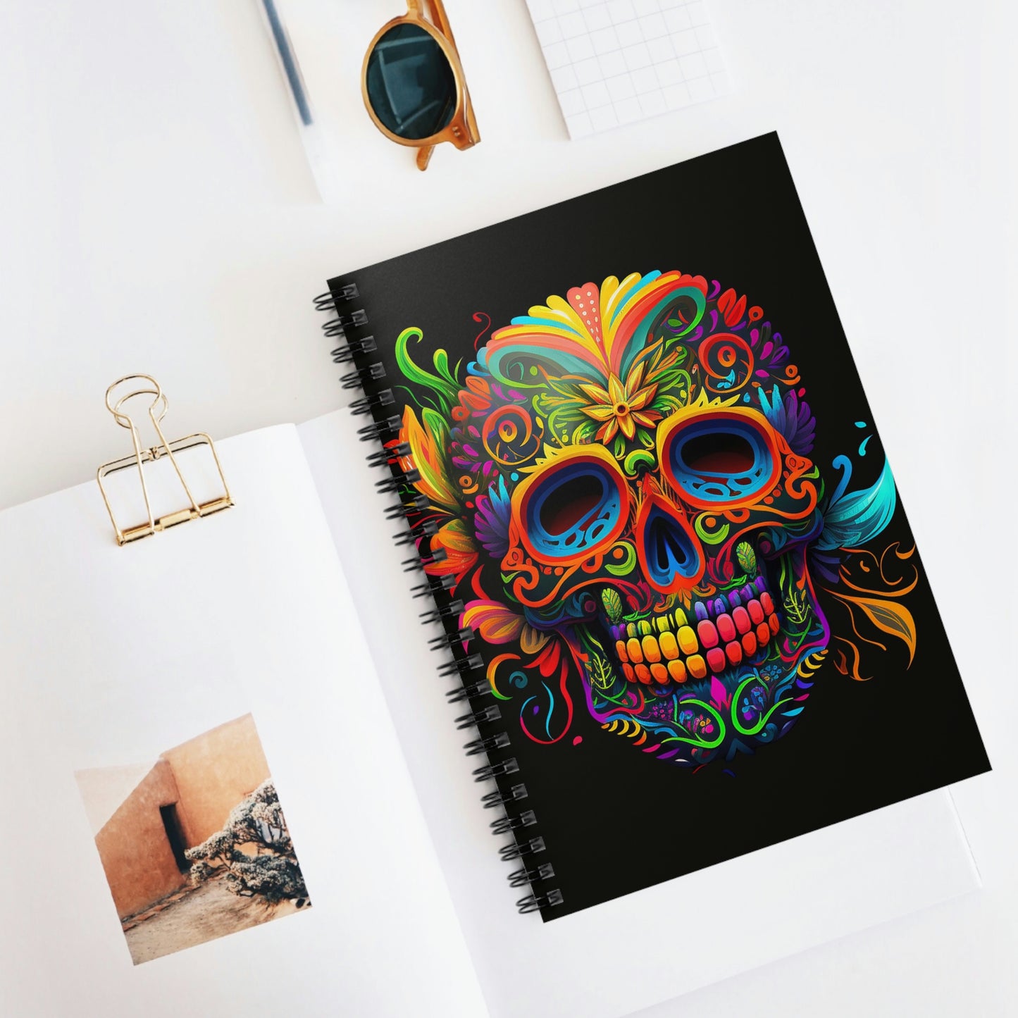 Neon Sugar Skull Spiral Notebook - Ruled Line
