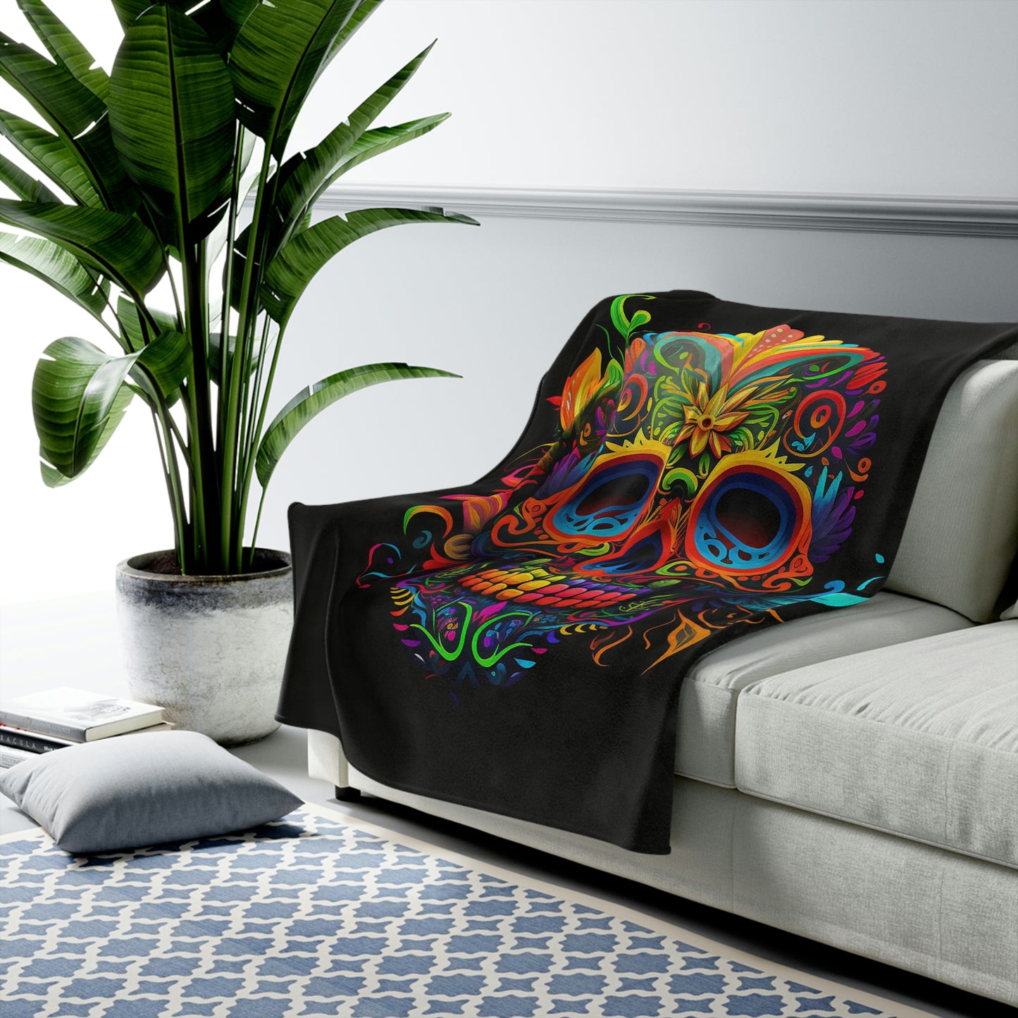 Neon Sugar Skull Velveteen Plush Blanket