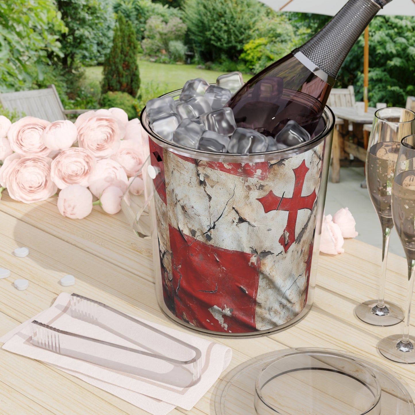 Distressed Templar Flag Ice Bucket with Tongs