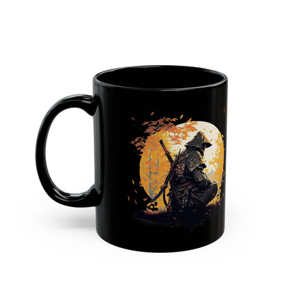 Autumn Samurai Black Mug - 11oz and 15oz with Quote by Matsuo Basho