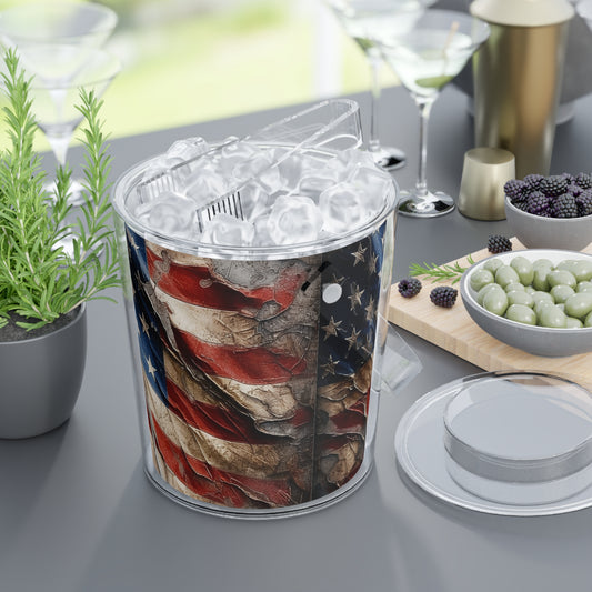 Distressed American Flag Ice Bucket with Tongs