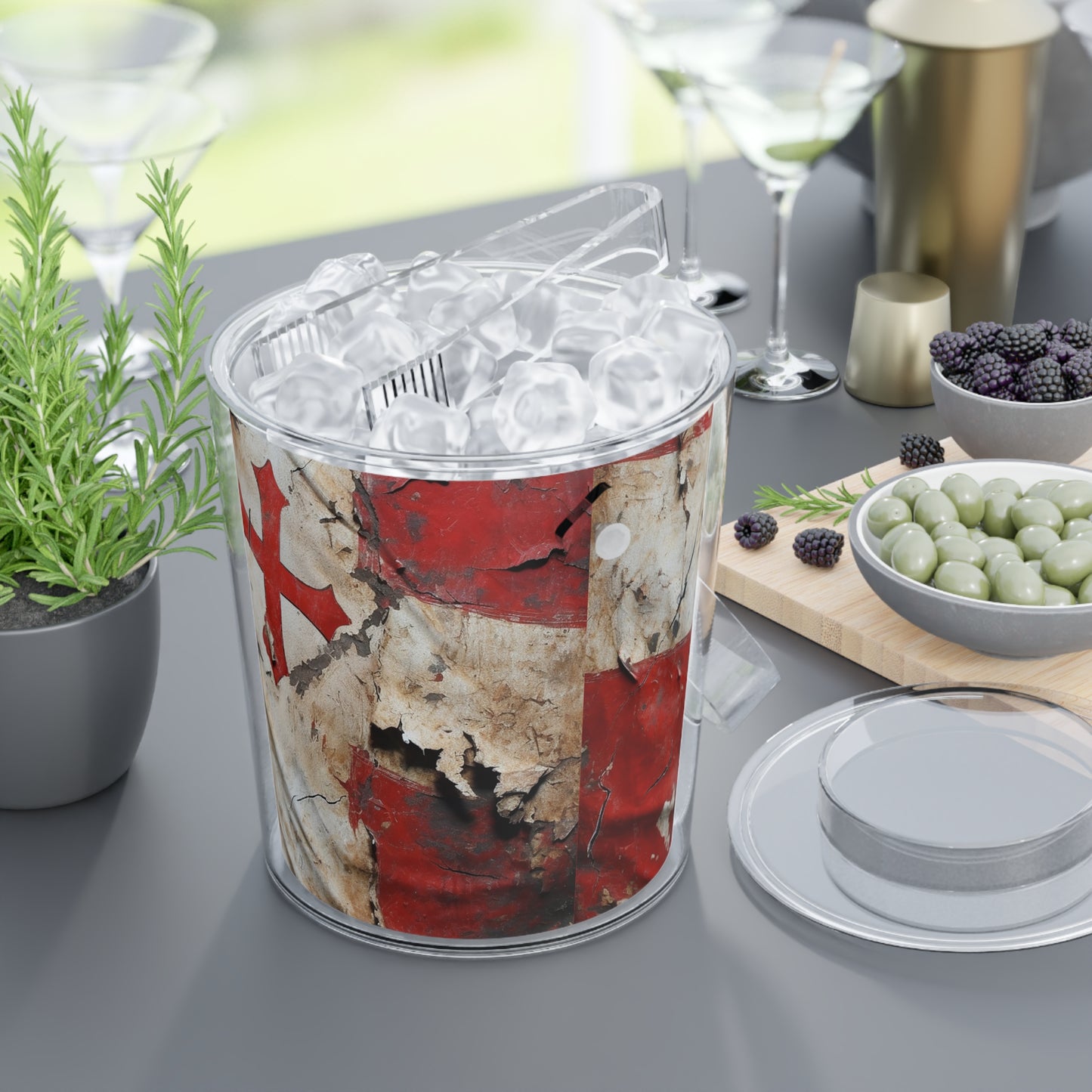 Distressed Templar Flag Ice Bucket with Tongs