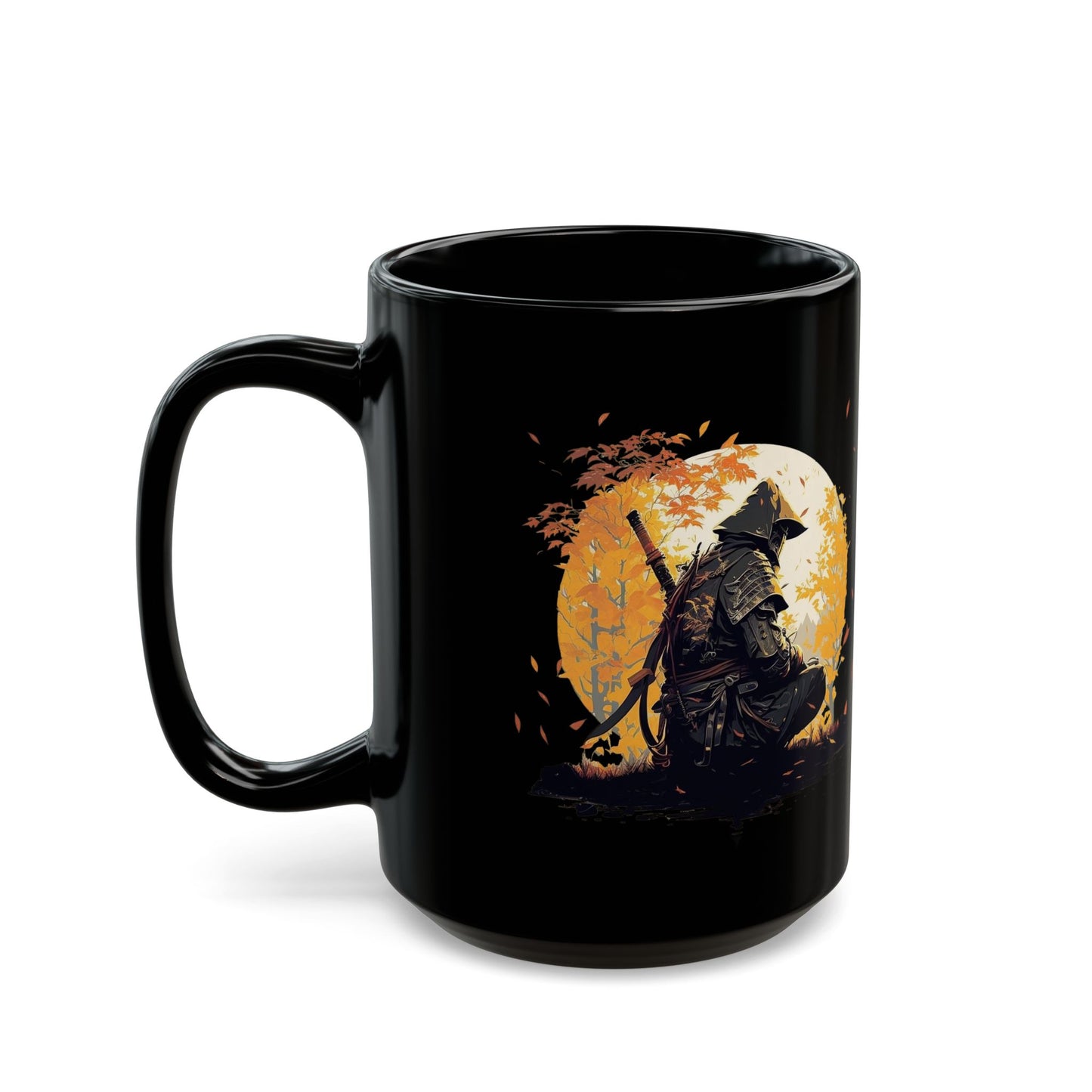 Autumn Samurai Black Mug - 11oz and 15oz with Quote by Matsuo Basho