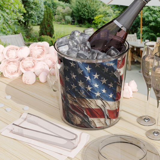 Distressed American Flag Ice Bucket with Tongs