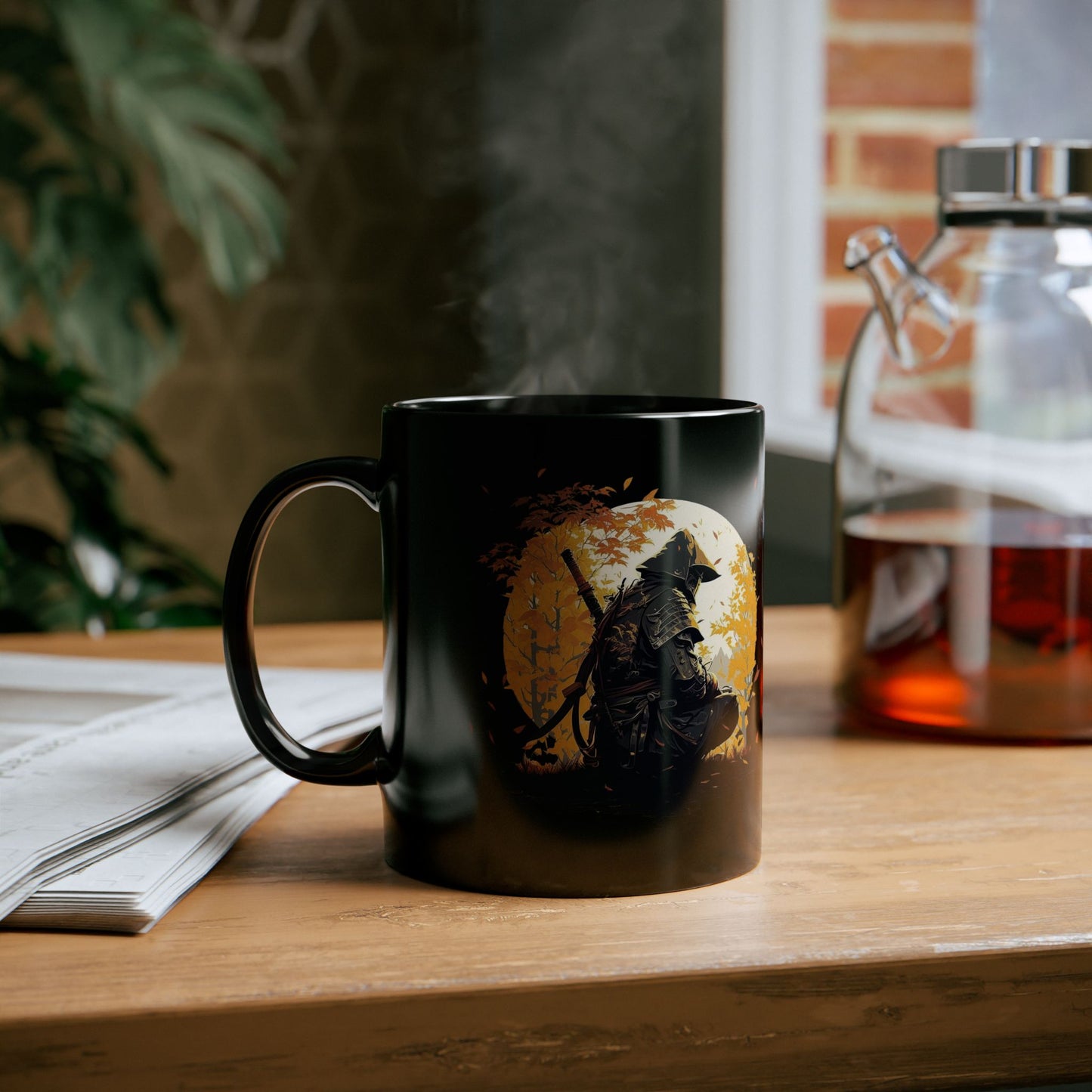 Autumn Samurai Black Mug - 11oz and 15oz with Quote by Matsuo Basho