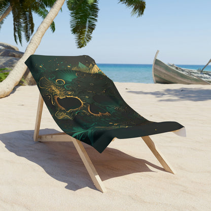 Green and Gold Skull Beach Towel