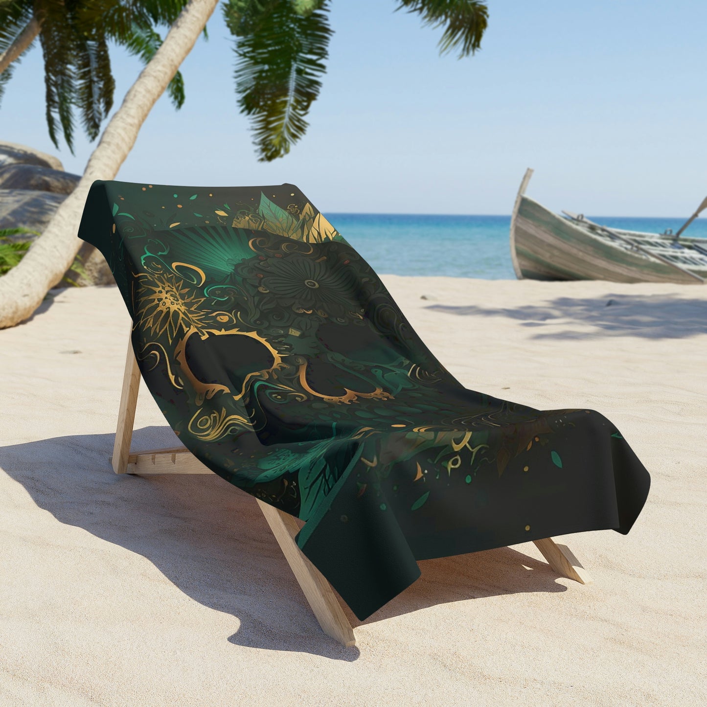 Green and Gold Skull Beach Towel