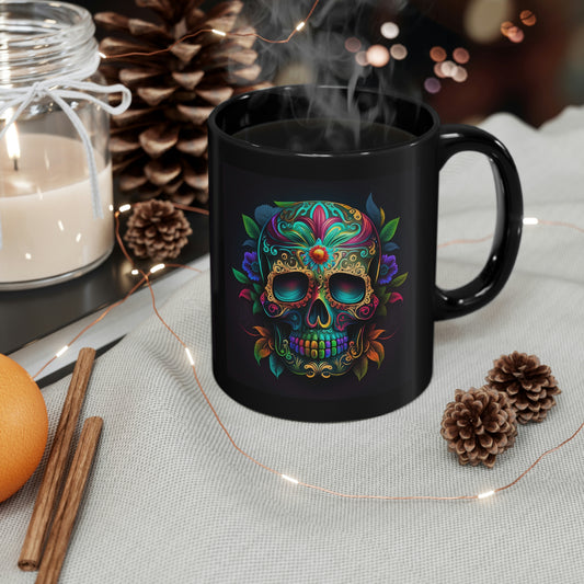 Flowered Sugar Skull 11oz Black Mug