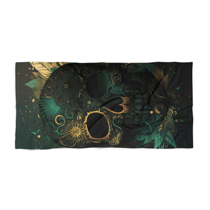 Green and Gold Skull Beach Towel